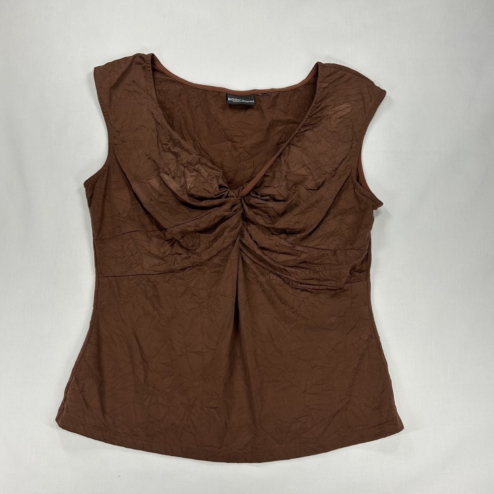 Bisou Bisou Vintage 2000S/ Y2K Woman's V-Neck Knot Short Sleeve Blouse M/L Brown